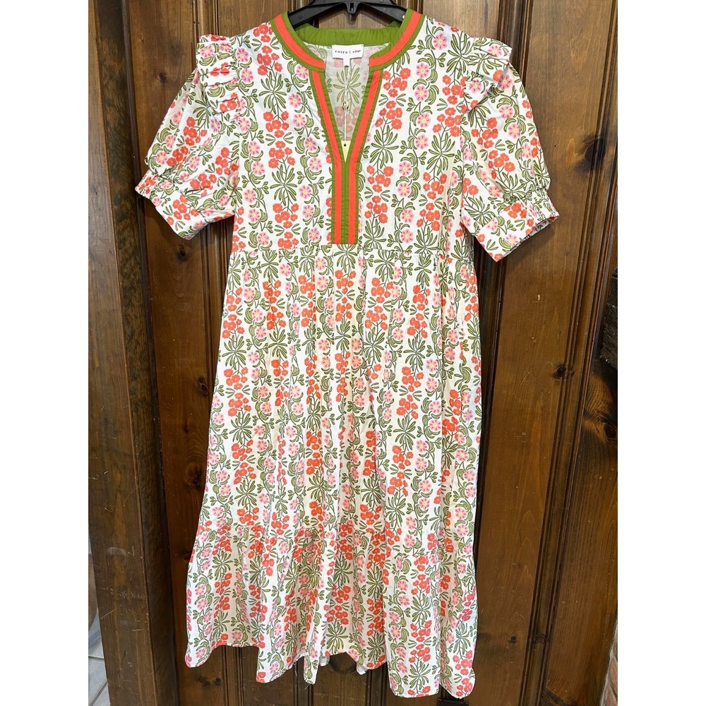 Entro Coral/Green Floral Maxi Dress w/Puff Sleeve Pockets Cottagecore Women's XL